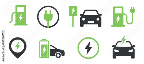 Electric vehicle charging station icons and symbols flat pictogram style