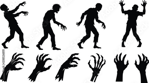 Canvas Print Zombie silhouettes and spooky monster hands vector collection isolated on white