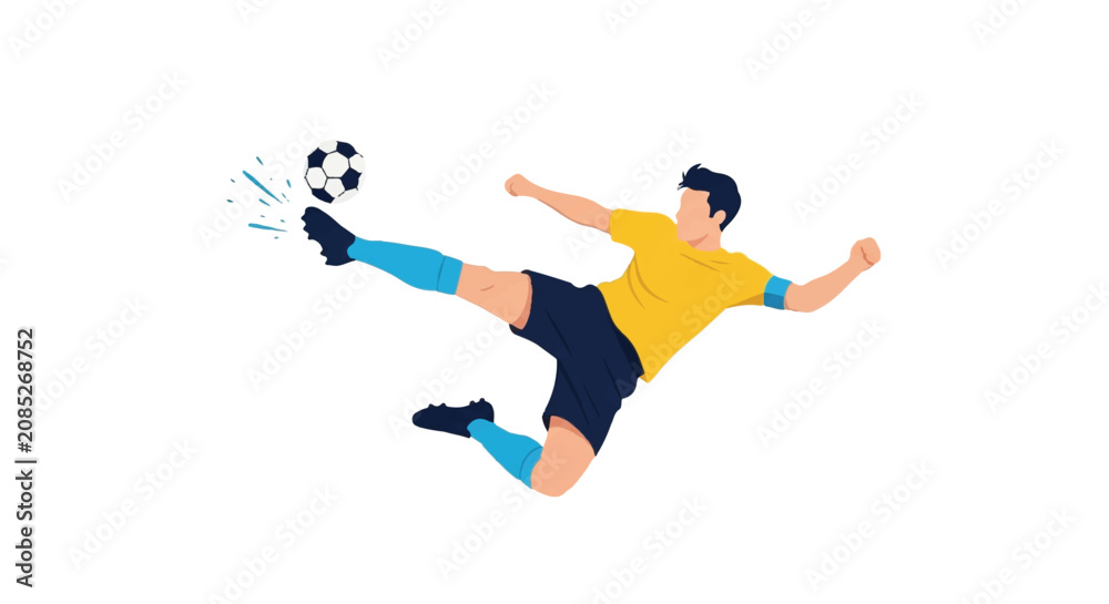 Fototapeta premium A soccer player executing a powerful side-on volley kick with the ball in mid-air, capturing the exact moment of impact. Minimalist flat vector artwork, clipart style, absolute solid block