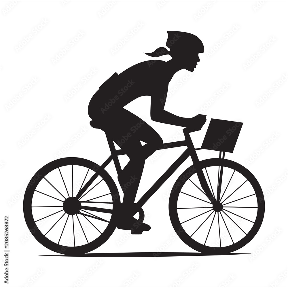 Obraz premium A Young Women Cyclist Black Silhouette Bike Bold Lines White Background Vector, silhouette of a girl with a bicycle