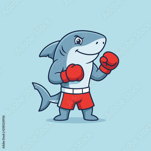 A cartoon shark wearing red boxing gloves and shorts