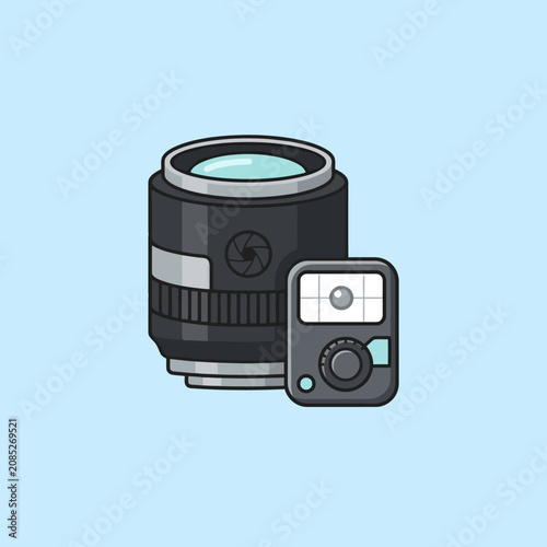 A professional camera lens and a light meter on blue background