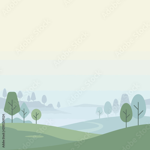 Minimalist flat vector landscape with rolling green hills