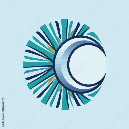 A stylized crescent moon graphic with radiating sunburst rays