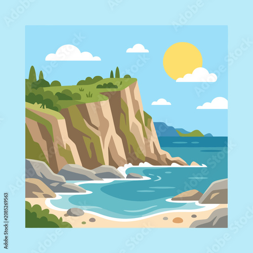 A sunny coastal cliff overlooks the blue ocean
