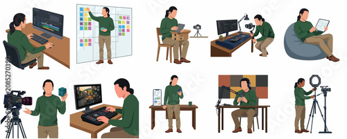 Collection of Flat Design Illustrations of a Creative Person Working in Various Modern Office and Home Studio Environments