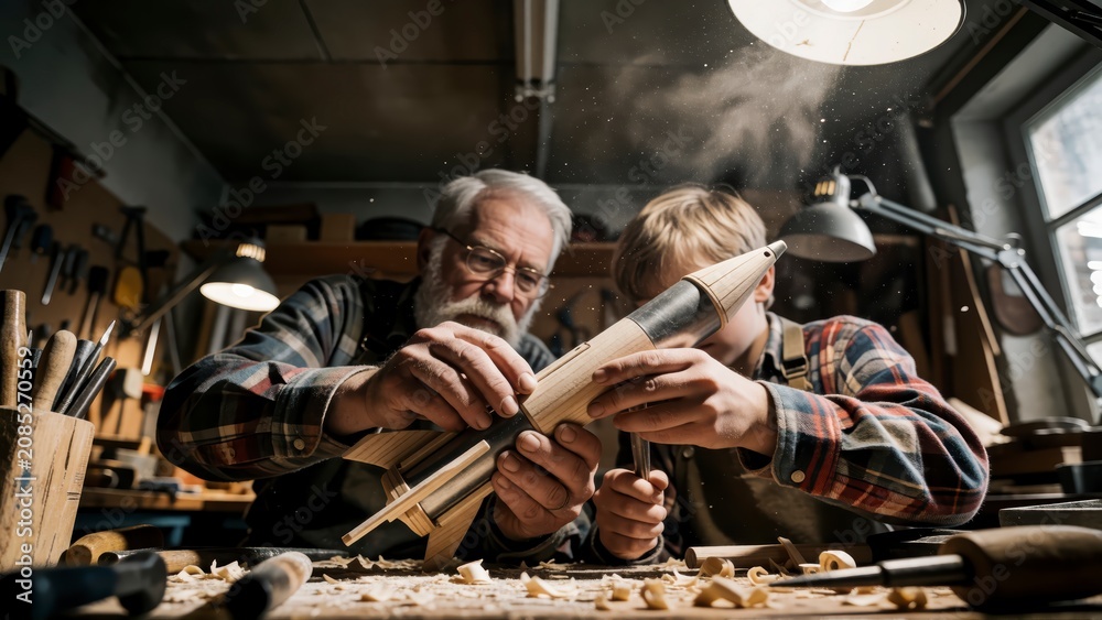Naklejka premium Senior craftsman teaching young apprentice woodworking in a rustic workshop with warm moody lighting