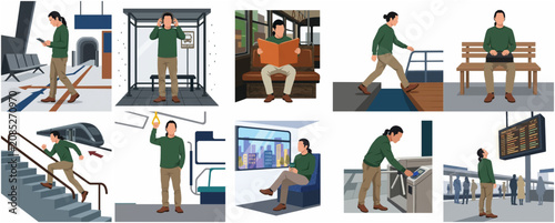 Diverse Daily Life Scenes of a Young Man in Urban Public Transportation Hubs and Stations
