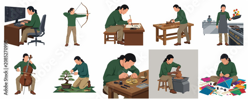 Diverse Human Figure Engaged in Various Hobby and Leisure Activities Illustrated Set