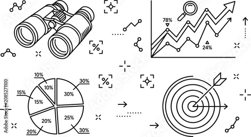 Business market research binoculars data forecasting analytics line chart and strategic financial target goal line art icon set,
