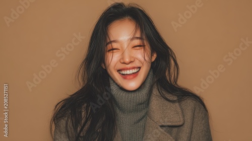 Elegant Korean crying face brown long hair , wide minimal studio, Korean portrait, joyful concept.