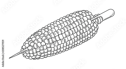 Black and white line drawing of a cob of corn with individual kernels attached to a skewer for grilling or roasting at a barbecue feast.