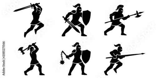 Fotografie Medieval warriors engage in battle with various weapons outdoors in combat