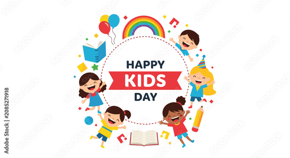 Fototapeta premium Diverse group of children celebrating happy kids day around a circular banner with school supplies and icons.