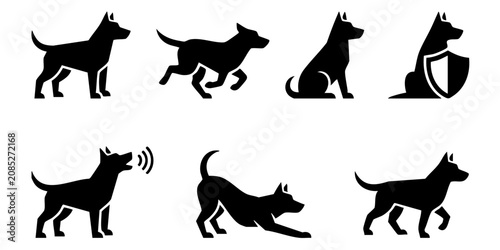 Black silhouettes of dogs in various poses and actions are shown.