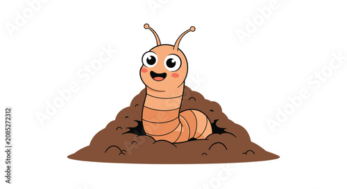 Happy earthworm peeking out from a small pile of brown dirt on a white background for nature illustration.