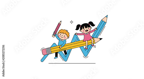 Two young children riding a giant yellow pencil over a blue zig zag line for education and creative design.