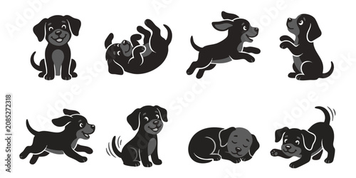 Cuadro en lienzo Black silhouettes of playful dogs in various poses on white background