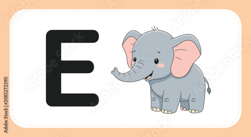 Educational flashcard for the letter E featuring a cute cartoon grey elephant with pink ears and a trunk.