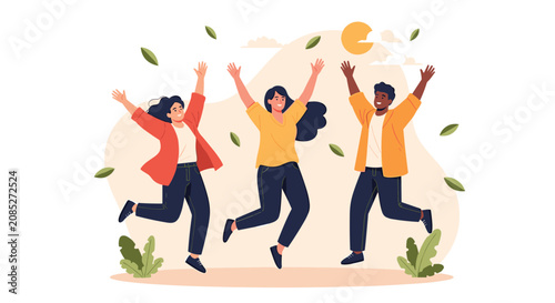 Three diverse young adults jumping for joy with their hands raised as autumn leaves fall around them in the sun.