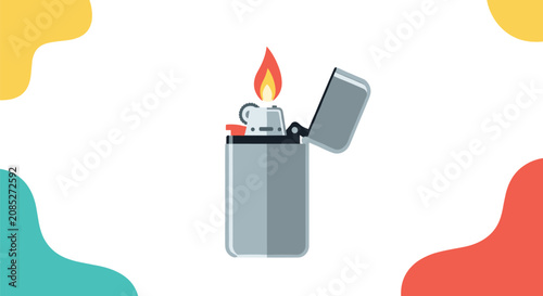 Classic silver metal lighter with an open lid and a flickering yellow and red flame on a background with colorful abstract corners.