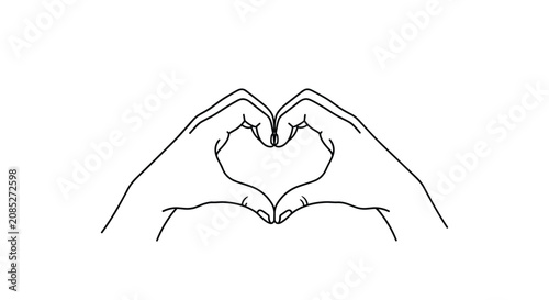 Simple black outline of two hands coming together to form a heart shape representing love, kindness, and connection between people.