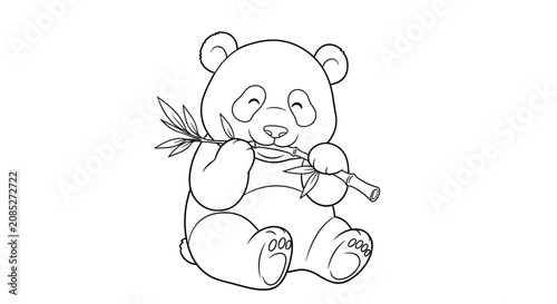 Adorable giant panda sitting and eating a bamboo branch in a simple black and white line art illustration for coloring.