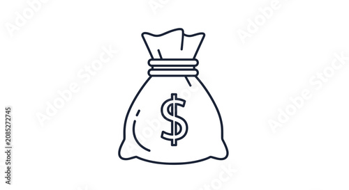 Simple line drawing of a sack of money featuring a dollar sign symbol representing wealth, personal savings, and financial success.