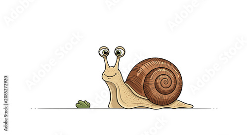 Friendly brown snail with a spiral shell moving slowly across the ground in a detailed hand-drawn style illustration.