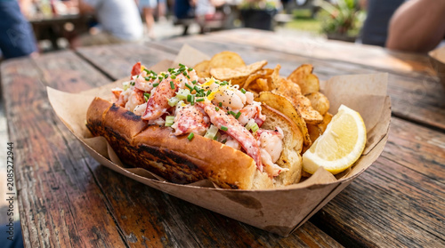 Authentic New England Lobster Roll with Potato Chips and Lemon Served in Paper Tray