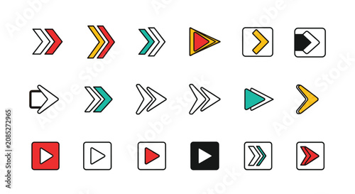 Collection of colorful right-pointing arrow icons and buttons in different shapes and styles for web and app user interfaces.