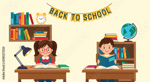 Boy and girl students studying at their wooden desks with books and school supplies under a back to school banner in a classroom.