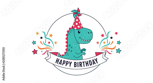 Friendly green dinosaur wearing a red polka dot party hat and holding a happy birthday banner in a circular frame with stars.