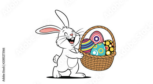 Happy white bunny rabbit carrying a wicker basket filled with colorful decorated Easter eggs for the spring holiday season.
