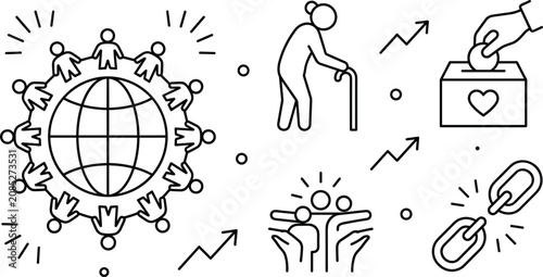 Global unity senior nursing care donation charity funding and social welfare community support line art icon set for humanitarian protection,