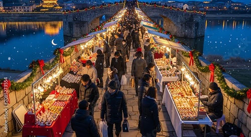 Traditional market stall with fresh produce at night.