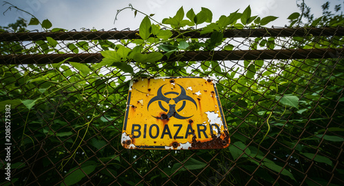 Rusty biohazard sign on a chain-link fence with green vines. Weathered warning symbol in an overgrown abandoned area. Toxic hazard concept for environmental safety and apocalypse themes.
