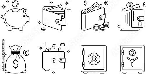 Financial savings piggy bank money wallet capital investment and bank safe deposit vault box line art icon set for commerce,