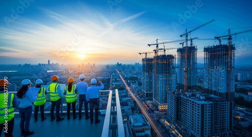 Engineers overlook city skyline at sunset. Architects on rooftop near cranes and construction. Urban development concept for infrastructure marketing.