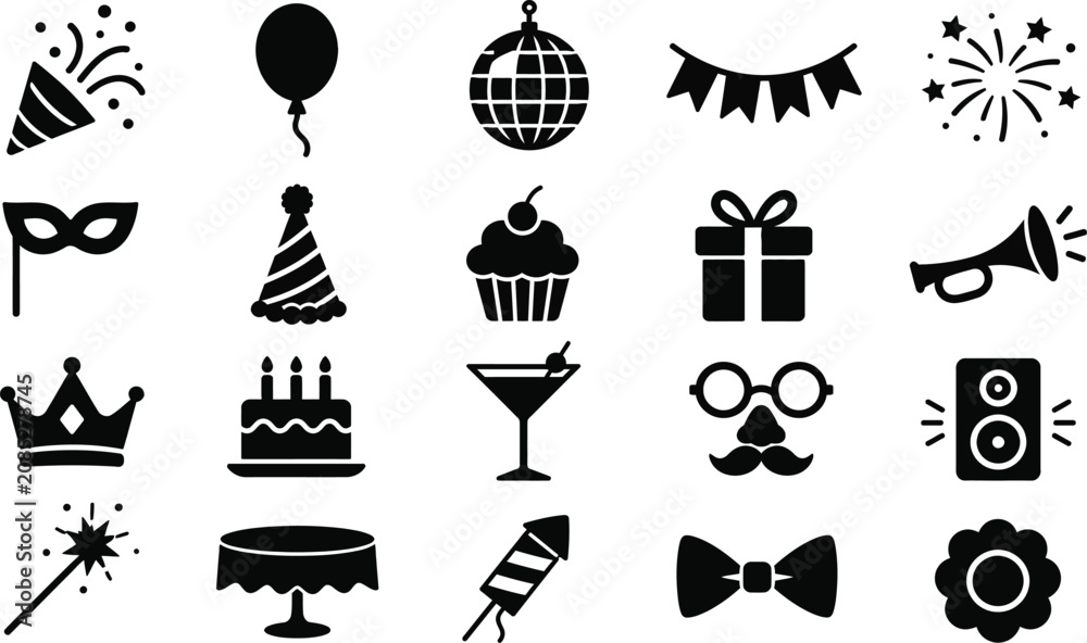 Naklejka premium Party themed flat icons collection featuring balloons confetti and celebratory objects on a white background