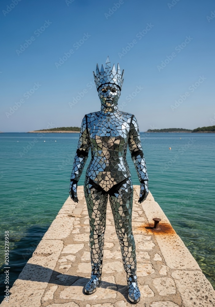 Fototapeta premium Person in a Full Body Mirror Suit and Crown Standing on a Stone Pier by the Turquoise Sea Under a Clear Blue Sky
