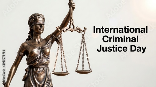 International Criminal Justice Day card banner featuring a close up of the blindfolded Lady Justice statue