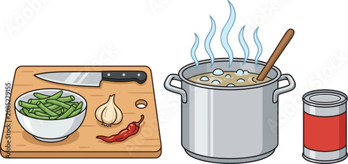 Cooking Fresh Green Beans Vector Illustration Set with Cutting Board Knife Garlic Chili Pepper Hot Boiling Soup Pot and Tin Can Elements