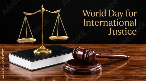 Law book with wooden mallet and golden scales of justice on dark elegant wooden background table