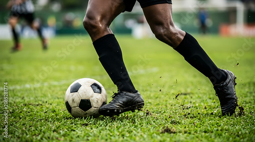 Soccer Player Dribbling Football on Green Field. Dynamic Sports Action for Marketing, Training, and Fitness Campaigns.