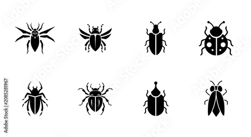 Fotografie Insect Icons Collection Black Silhouettes On White Background beetle bug