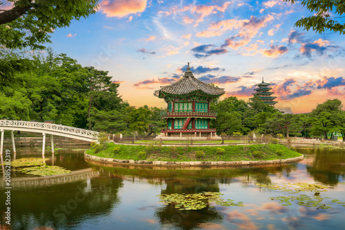 Hyangwonjeong Pavilion at center pond, Gyeongbokgung Palace during a beautiful sunset
