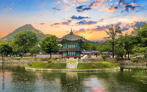 Hyangwonjeong Pavilion at center pond, Gyeongbokgung Palace during a beautiful sunset