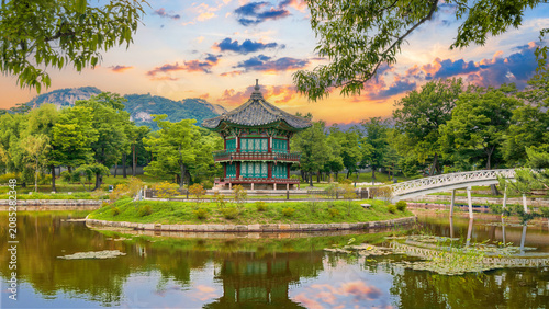 Hyangwonjeong Pavilion at center pond, Gyeongbokgung Palace during a beautiful sunset