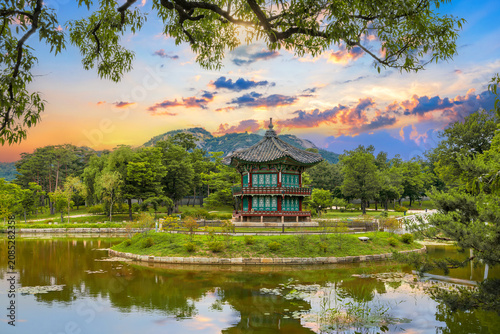 Hyangwonjeong Pavilion at center pond, Gyeongbokgung Palace during a beautiful sunset